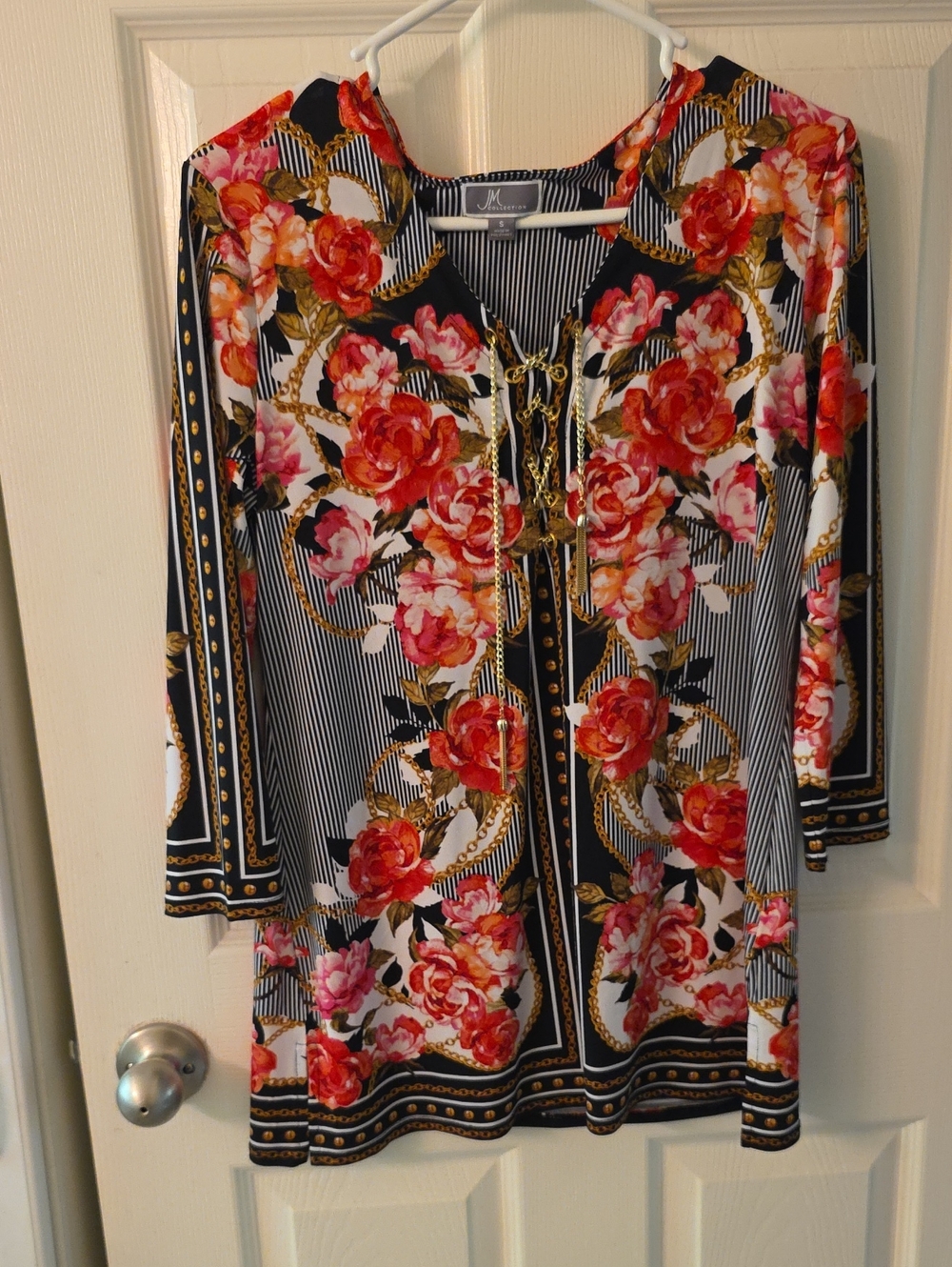JM Collection Black Floral Tie-Front Tunic with Gold Chain Detail